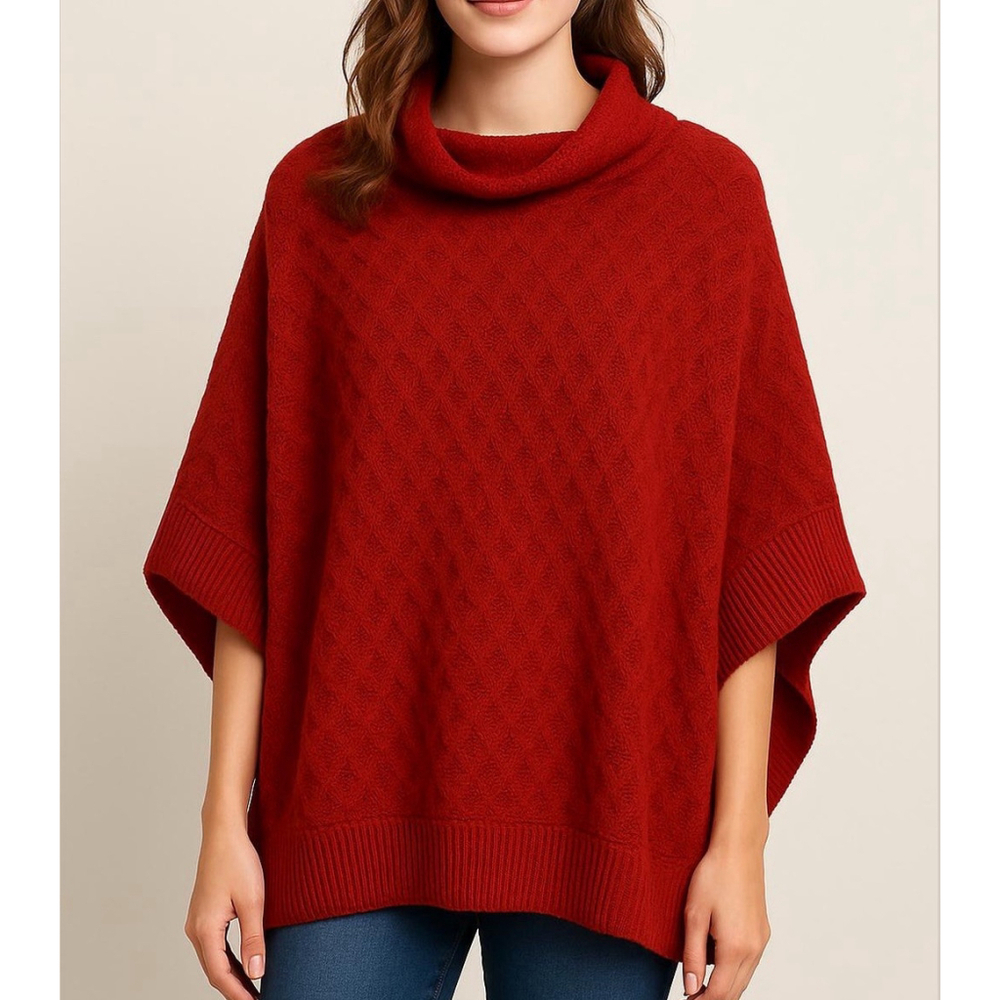 CHICO'S popcorn funnel neck Chianti poncho cape open stitch royal red S/M NEW